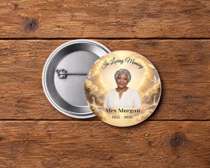 Personalized 2.25-inch memorial pin button, Design 065, with example portrait, name and dates