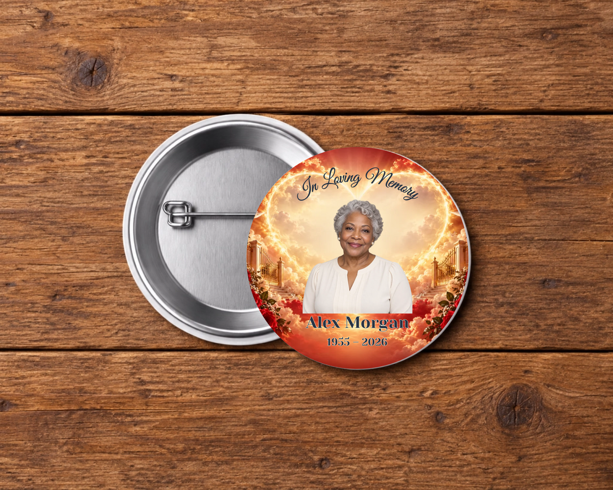 Personalized 2.25-inch memorial pin button, Design 066, with example portrait, name and dates