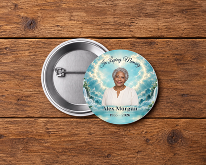 Personalized 2.25-inch memorial pin button, Design 067, with example portrait, name and dates