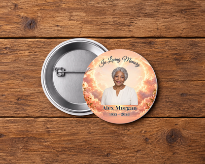 Personalized 2.25-inch memorial pin button, Design 068, with example portrait, name and dates