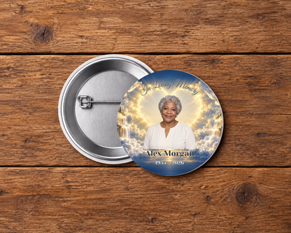 Personalized 2.25-inch memorial pin button, Design 069, with example portrait, name and dates