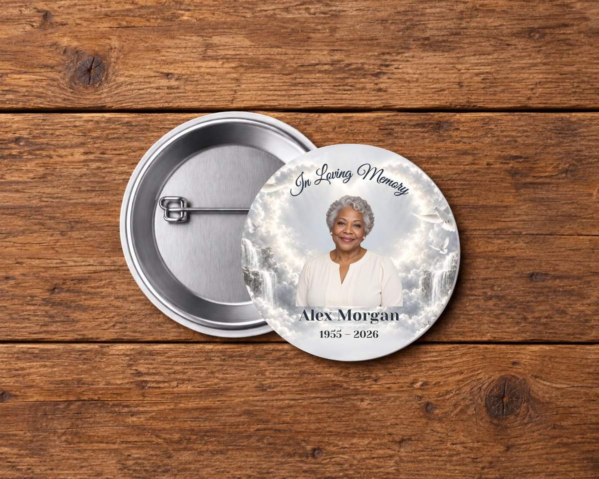 Personalized 2.25-inch memorial pin button, Design 070, with example portrait, name and dates