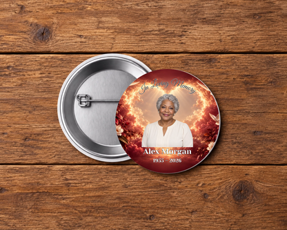 Personalized 2.25-inch memorial pin button, Design 071, with example portrait, name and dates