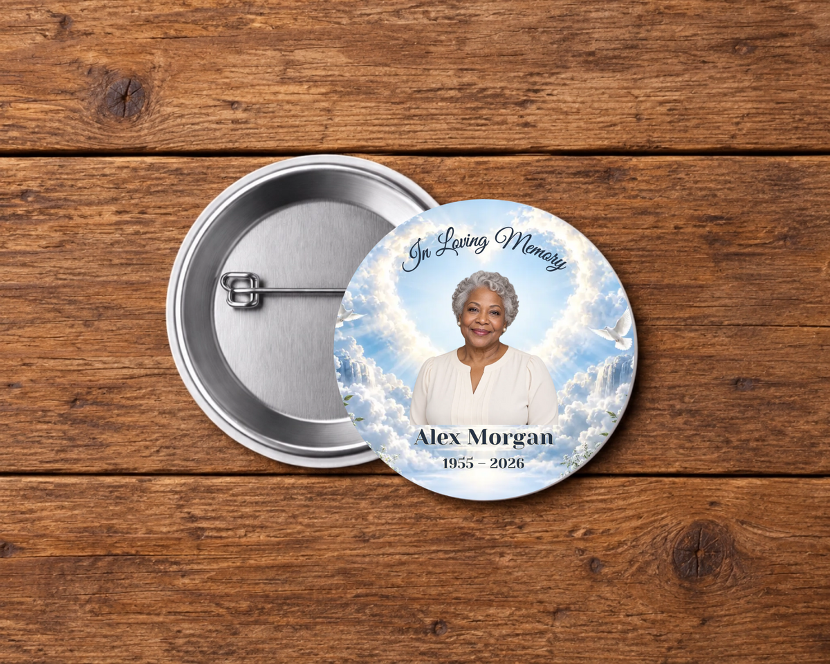 Personalized 2.25-inch memorial pin button, Design 072, with example portrait, name and dates