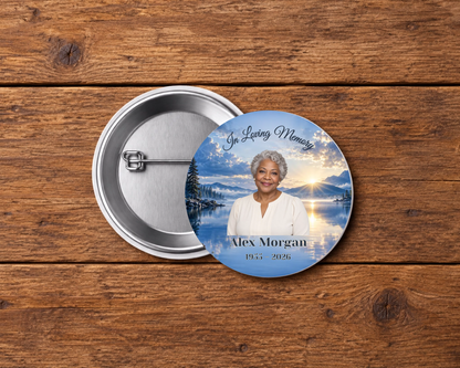 Personalized 2.25-inch memorial pin button, Design 073, with example portrait, name and dates