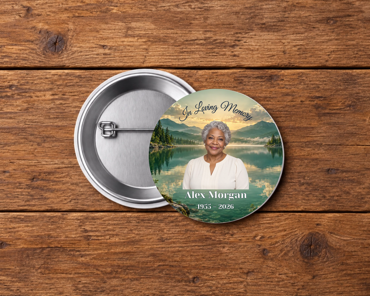 Personalized 2.25-inch memorial pin button, Design 074, with example portrait, name and dates