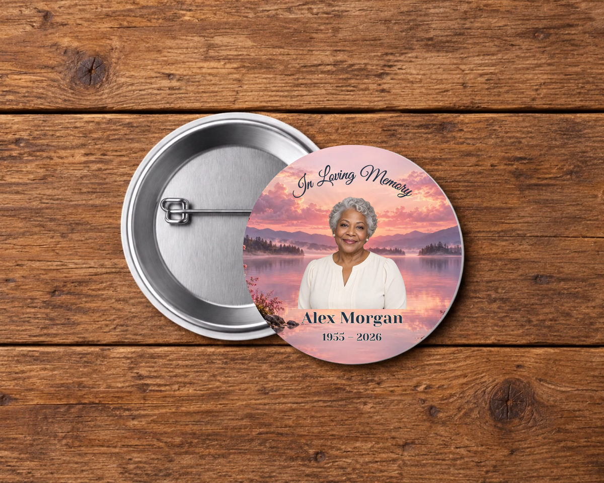 Personalized 2.25-inch memorial pin button, Design 075, with example portrait, name and dates