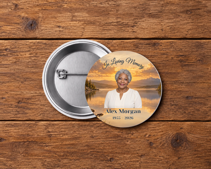 Personalized 2.25-inch memorial pin button, Design 077, with example portrait, name and dates