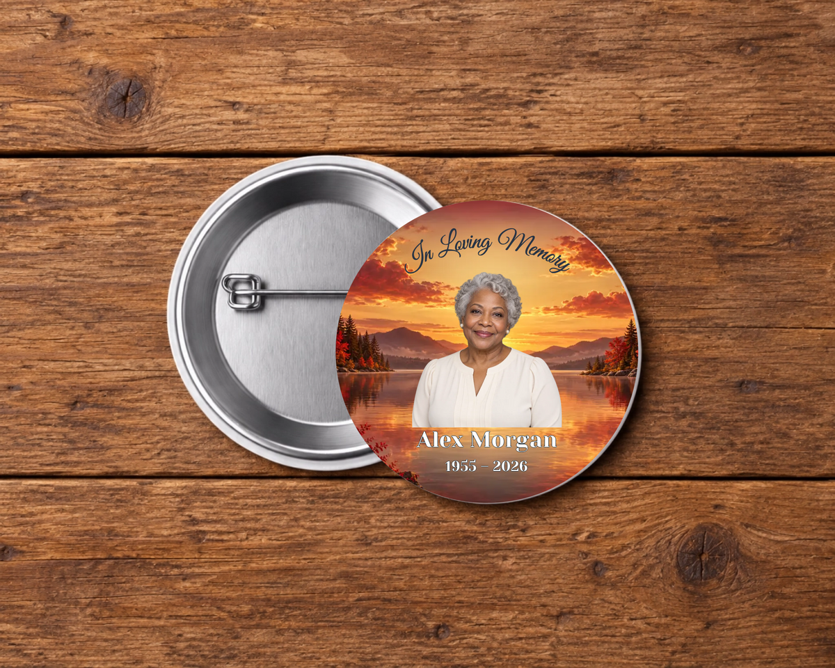 Personalized 2.25-inch memorial pin button, Design 078, with example portrait, name and dates