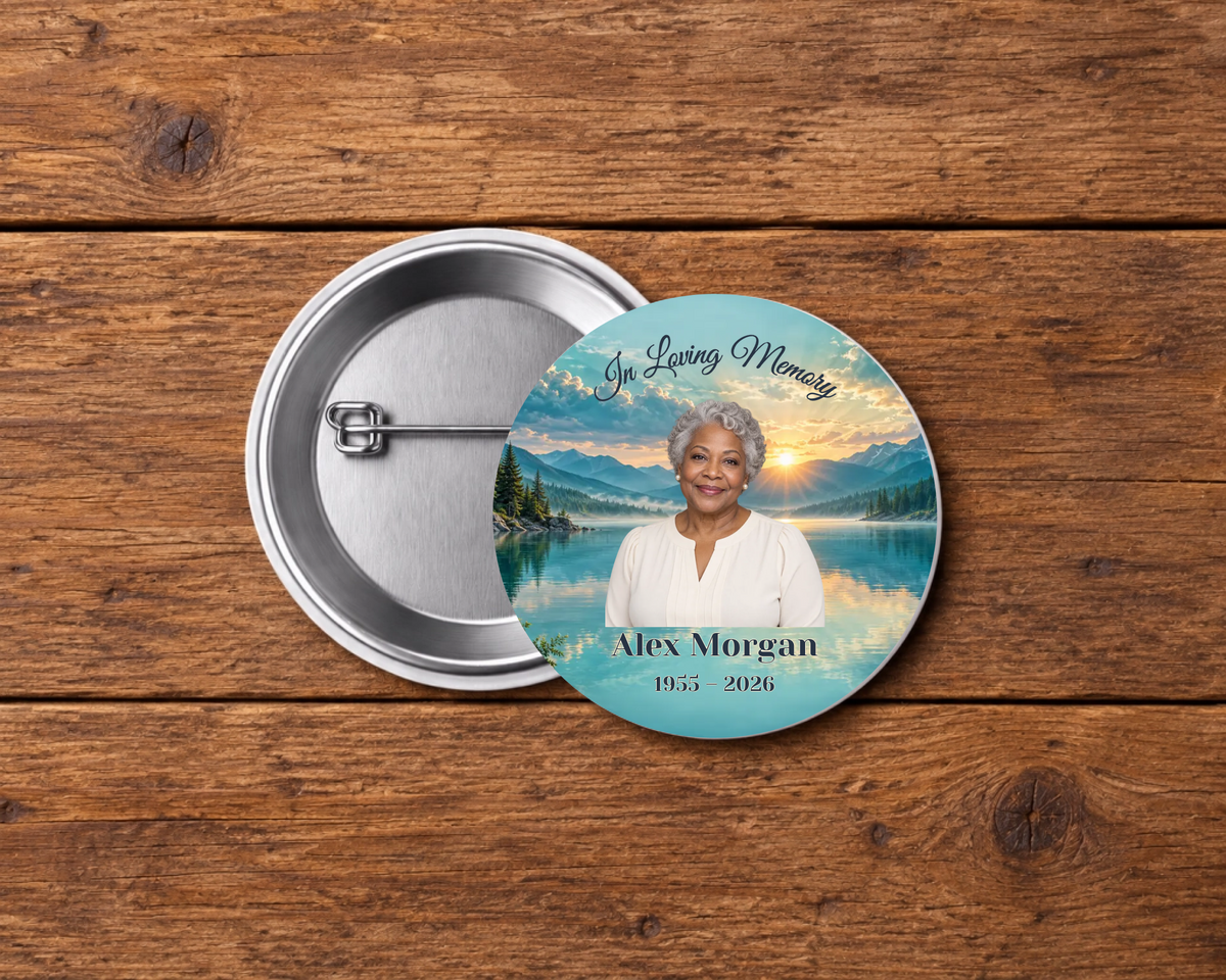 Personalized 2.25-inch memorial pin button, Design 079, with example portrait, name and dates
