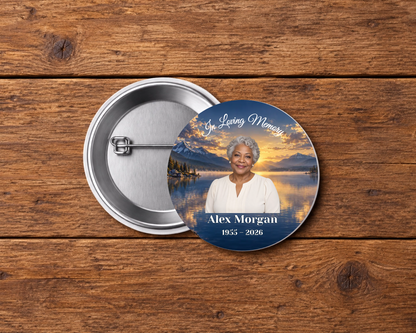 Personalized 2.25-inch memorial pin button, Design 081, with example portrait, name and dates