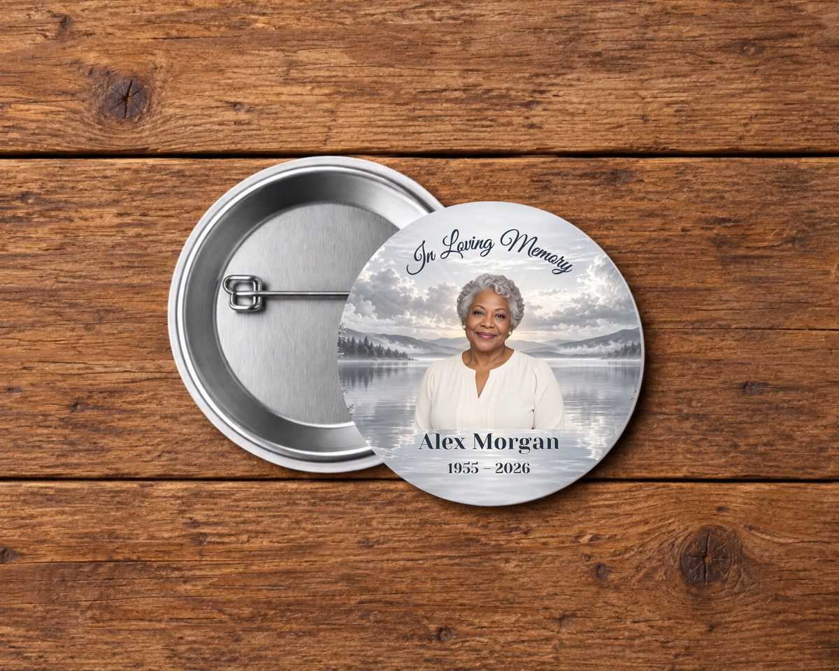 Personalized 2.25-inch memorial pin button, Design 082, with example portrait, name and dates