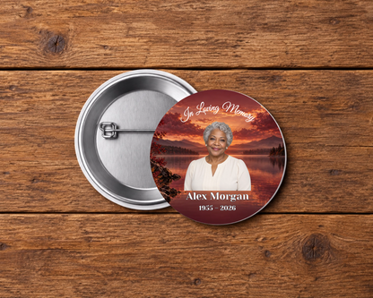 Personalized 2.25-inch memorial pin button, Design 083, with example portrait, name and dates