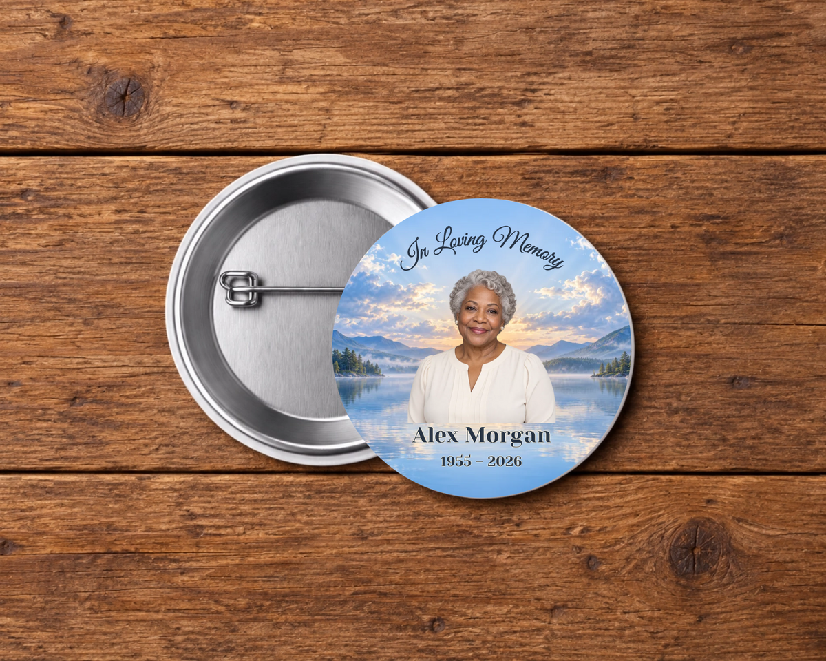 Personalized 2.25-inch memorial pin button, Design 084, with example portrait, name and dates