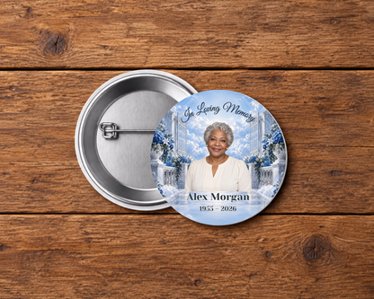 Personalized 2.25-inch memorial pin button, Design 085, with example portrait, name and dates
