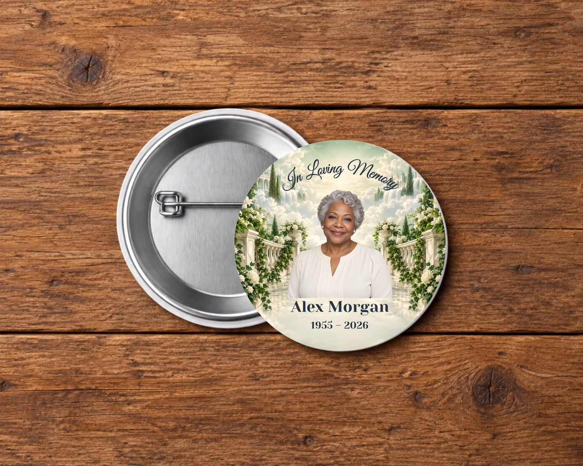 Personalized 2.25-inch memorial pin button, Design 086, with example portrait, name and dates