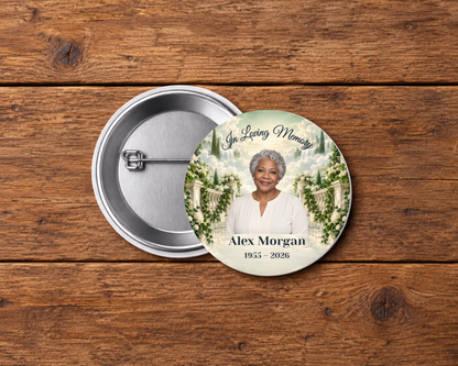 Personalized 2.25-inch memorial pin button, Design 086, with example portrait, name and dates