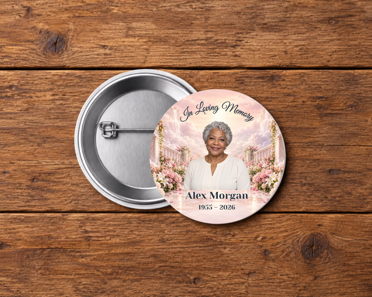 Personalized 2.25-inch memorial pin button, Design 087, with example portrait, name and dates