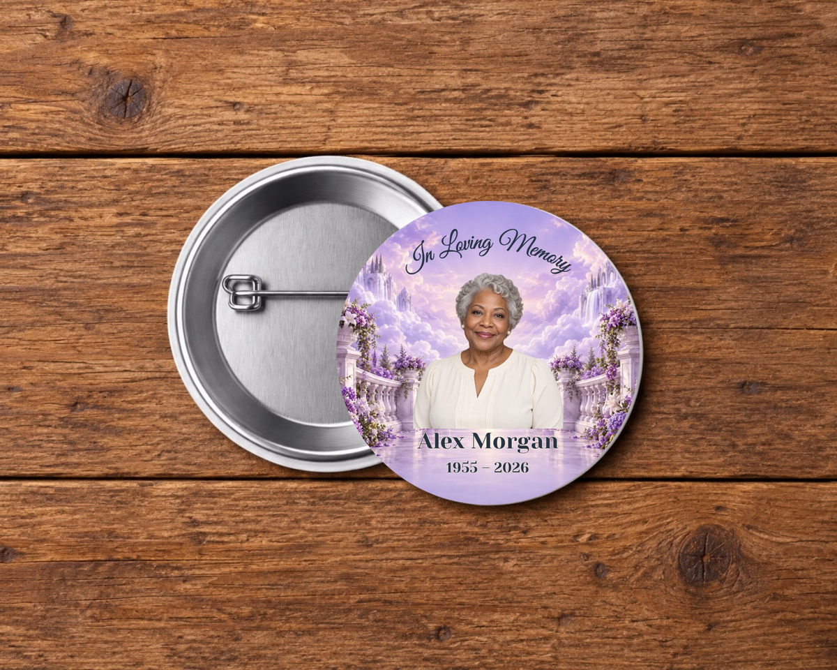 Personalized 2.25-inch memorial pin button, Design 088, with example portrait, name and dates