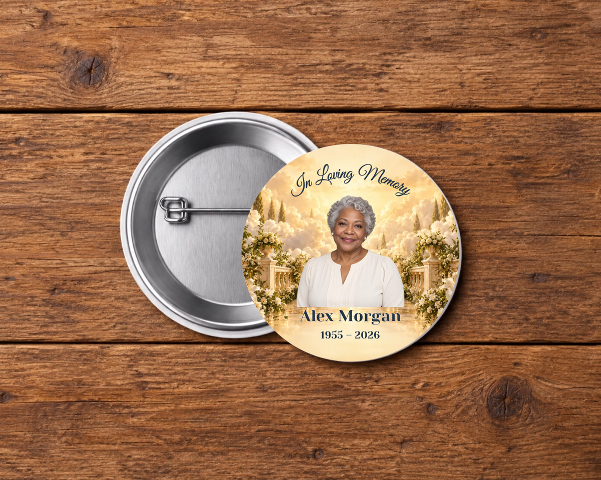 Personalized 2.25-inch memorial pin button, Design 089, with example portrait, name and dates