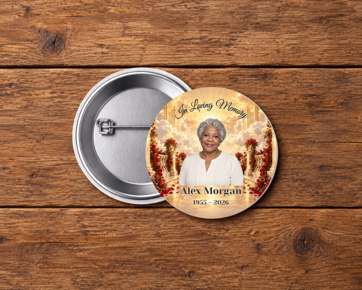 Personalized 2.25-inch memorial pin button, Design 090, with example portrait, name and dates