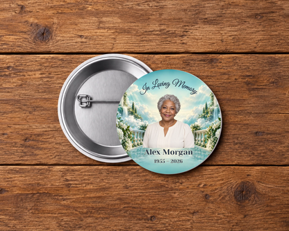 Personalized 2.25-inch memorial pin button, Design 091, with example portrait, name and dates