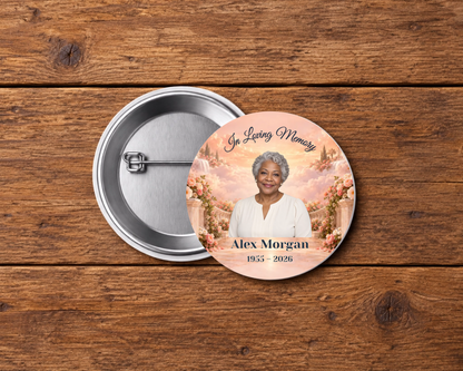 Personalized 2.25-inch memorial pin button, Design 092, with example portrait, name and dates