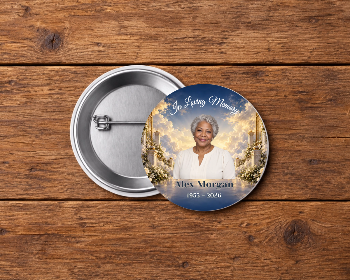 Personalized 2.25-inch memorial pin button, Design 093, with example portrait, name and dates