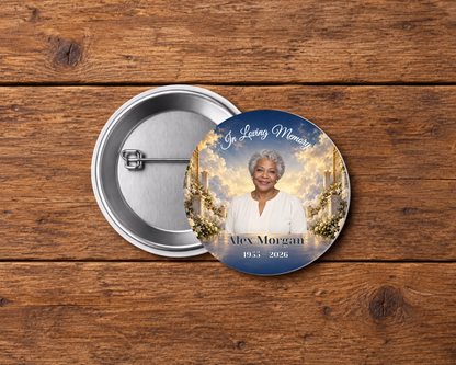 Personalized 2.25-inch memorial pin button, Design 093, with example portrait, name and dates