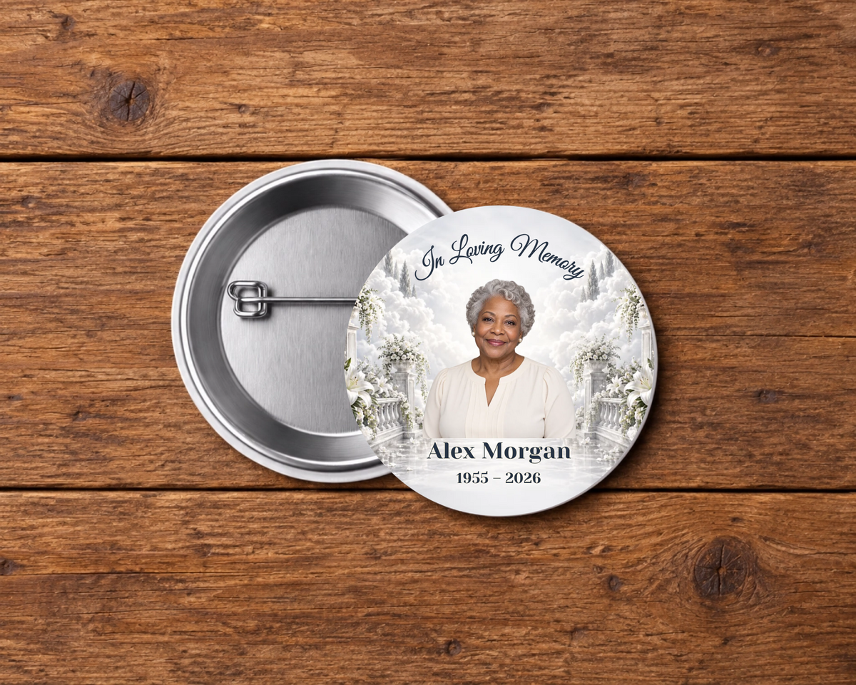 Personalized 2.25-inch memorial pin button, Design 094, with example portrait, name and dates