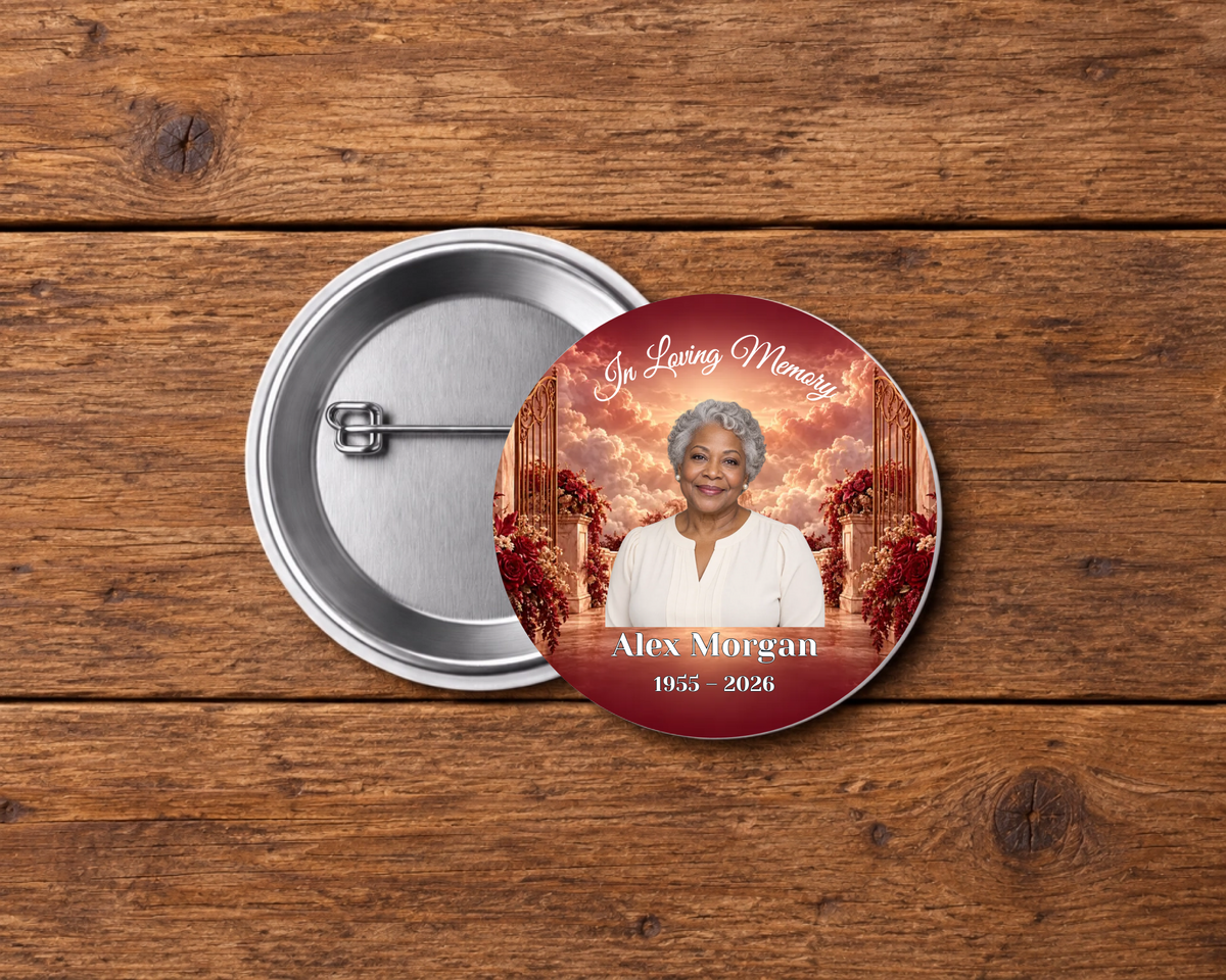Personalized 2.25-inch memorial pin button, Design 095, with example portrait, name and dates