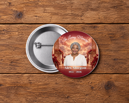 Personalized 2.25-inch memorial pin button, Design 095, with example portrait, name and dates