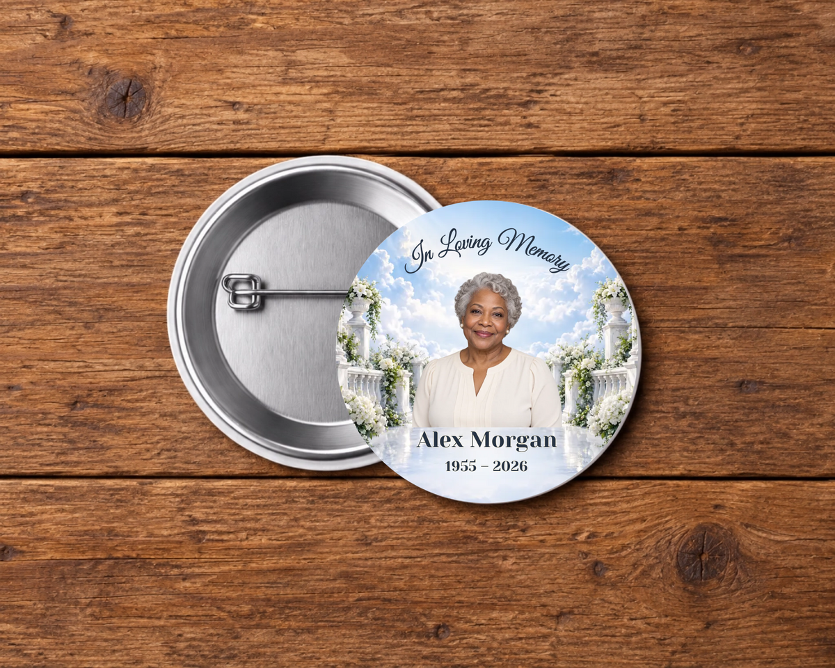 Personalized 2.25-inch memorial pin button, Design 096, with example portrait, name and dates