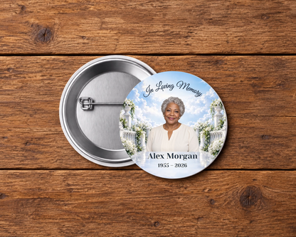 Personalized 2.25-inch memorial pin button, Design 096, with example portrait, name and dates