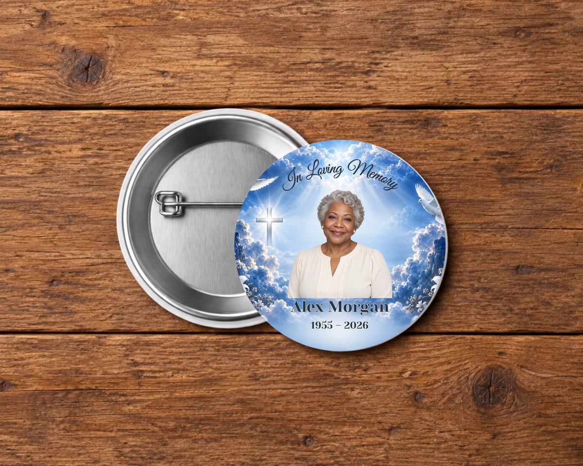 Personalized 2.25-inch memorial pin button, Design 097, with example portrait, name and dates