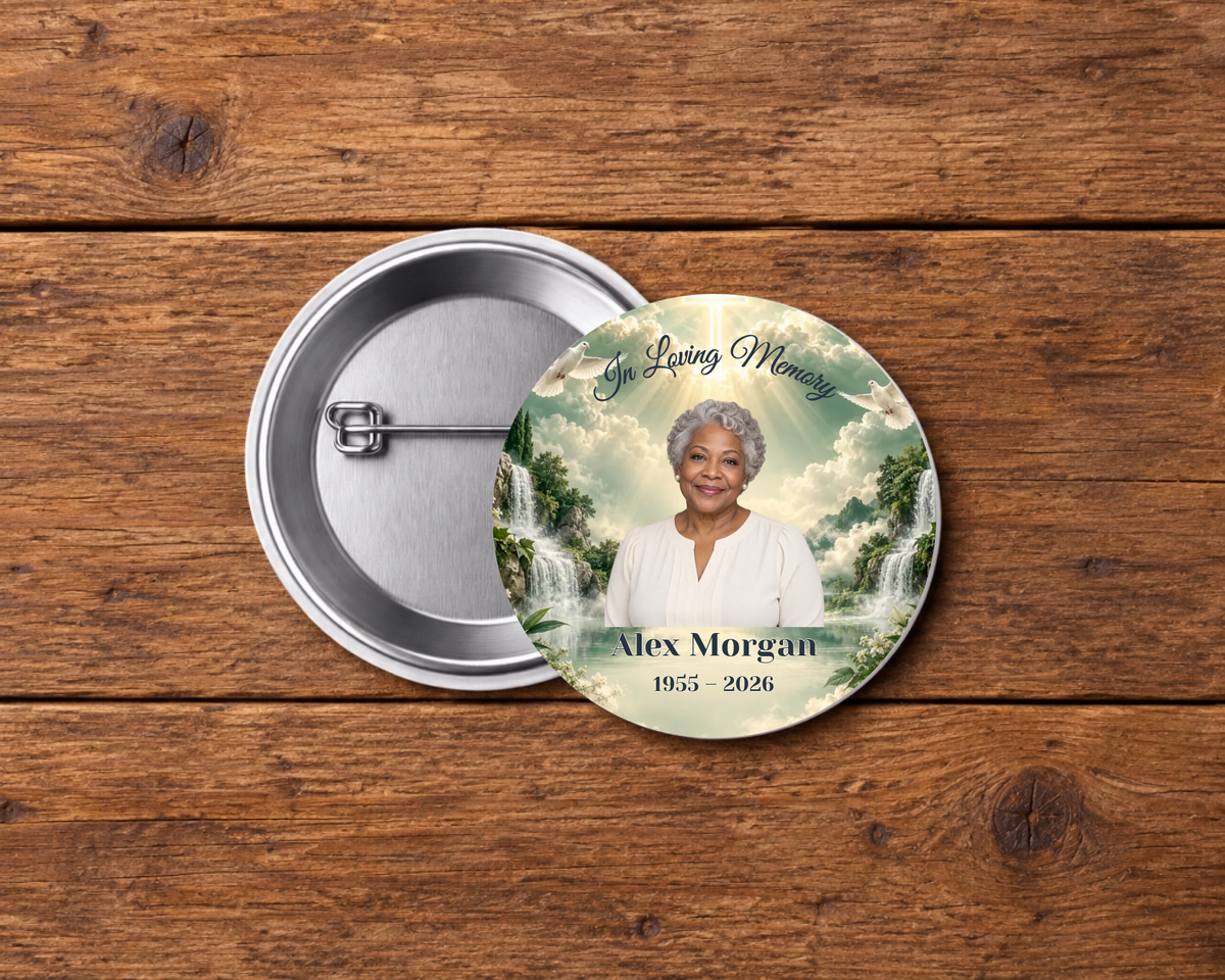 Personalized 2.25-inch memorial pin button, Design 098, with example portrait, name and dates