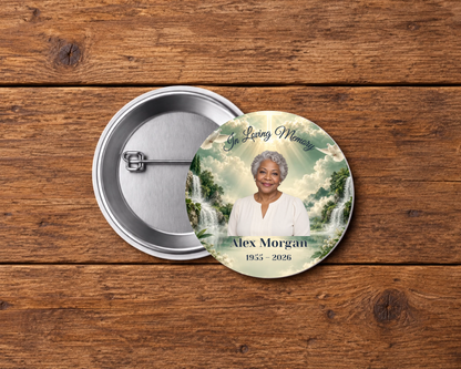 Personalized 2.25-inch memorial pin button, Design 098, with example portrait, name and dates