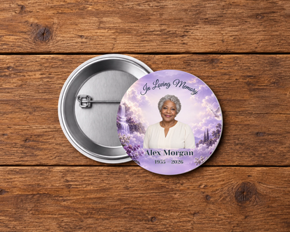 Personalized 2.25-inch memorial pin button, Design 100, with example portrait, name and dates