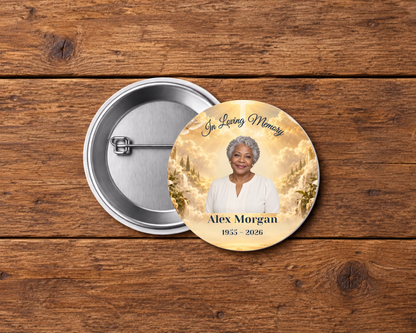 Personalized 2.25-inch memorial pin button, Design 101, with example portrait, name and dates