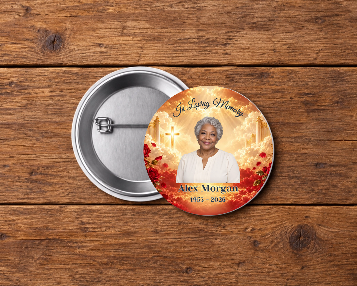 Personalized 2.25-inch memorial pin button, Design 102, with example portrait, name and dates