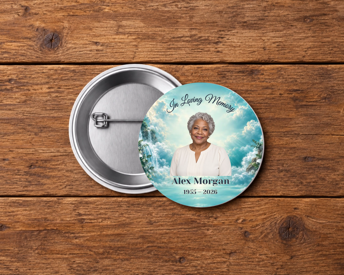 Personalized 2.25-inch memorial pin button, Design 103, with example portrait, name and dates