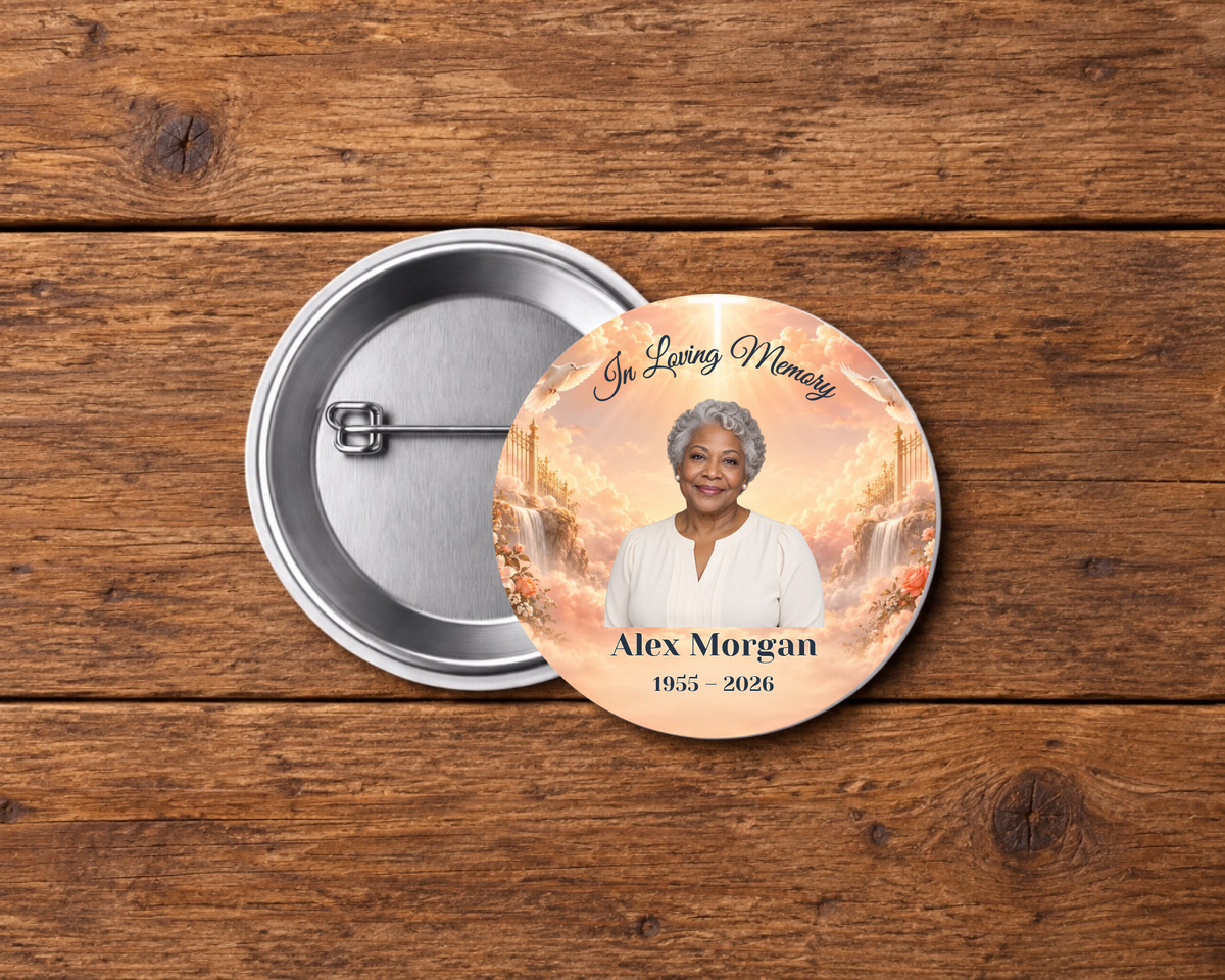 Personalized 2.25-inch memorial pin button, Design 104, with example portrait, name and dates