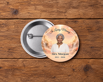 Personalized 2.25-inch memorial pin button, Design 104, with example portrait, name and dates