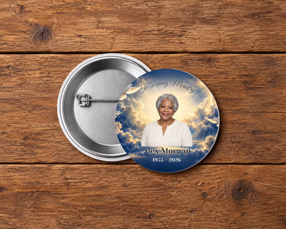 Personalized 2.25-inch memorial pin button, Design 105, with example portrait, name and dates