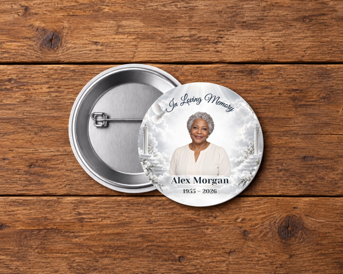 Personalized 2.25-inch memorial pin button, Design 106, with example portrait, name and dates