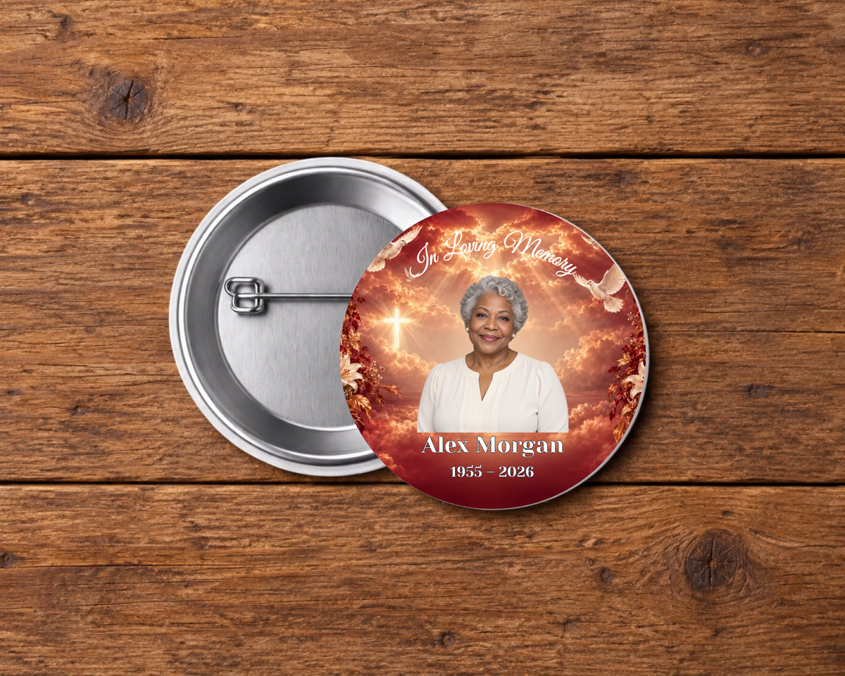 Personalized 2.25-inch memorial pin button, Design 107, with example portrait, name and dates