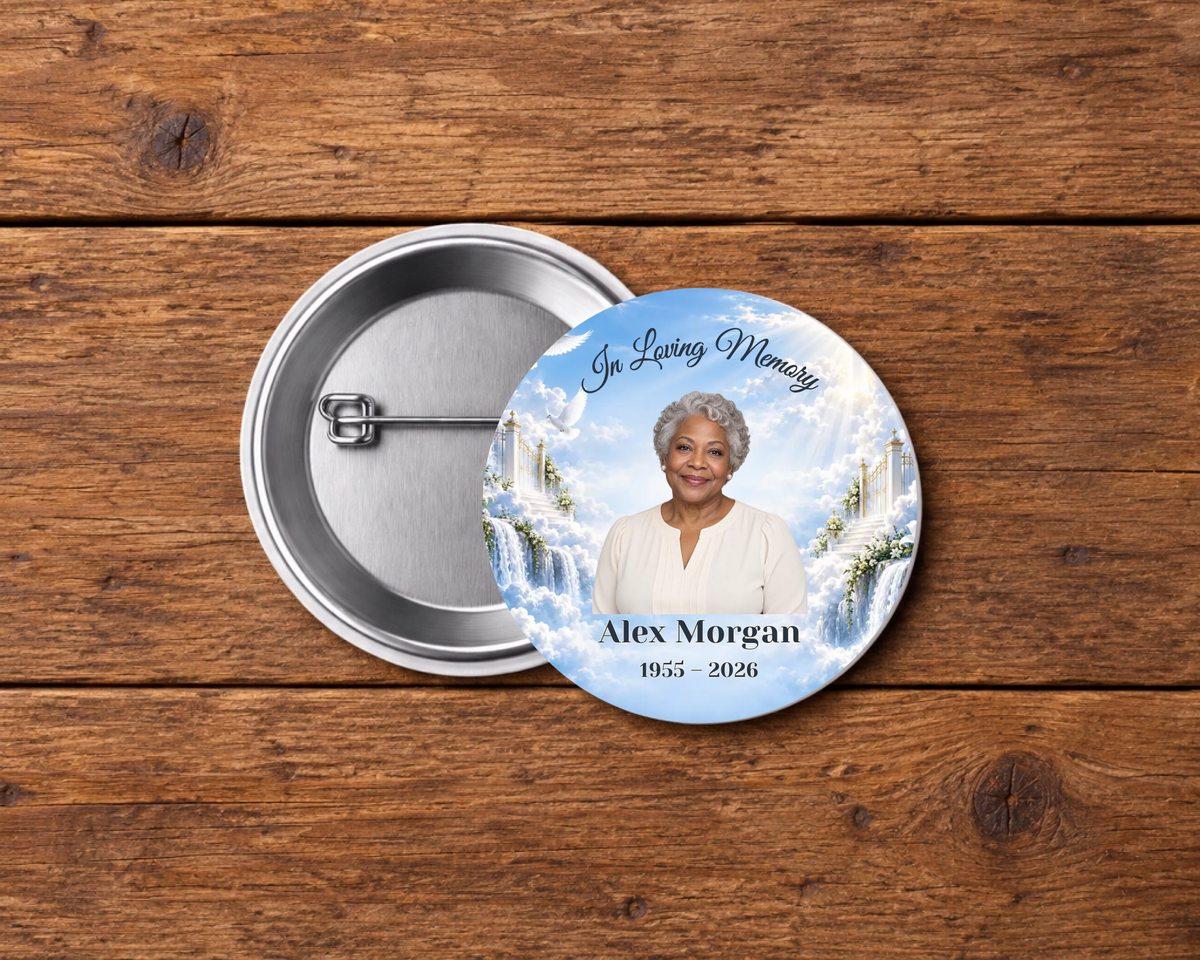 Personalized 2.25-inch memorial pin button, Design 108, with example portrait, name and dates