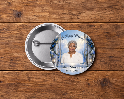 Personalized 2.25-inch memorial pin button, Design 109, with example portrait, name and dates