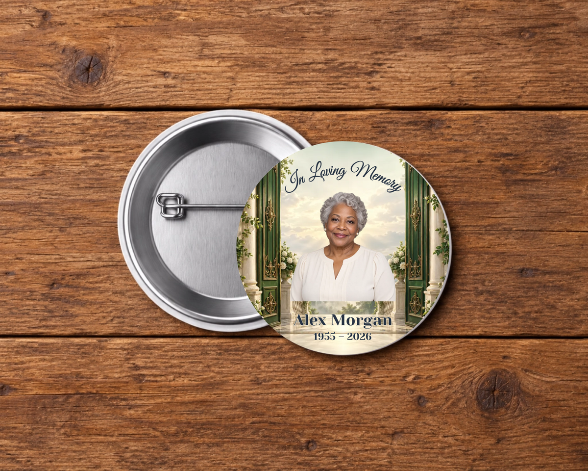 Personalized 2.25-inch memorial pin button, Design 110, with example portrait, name and dates