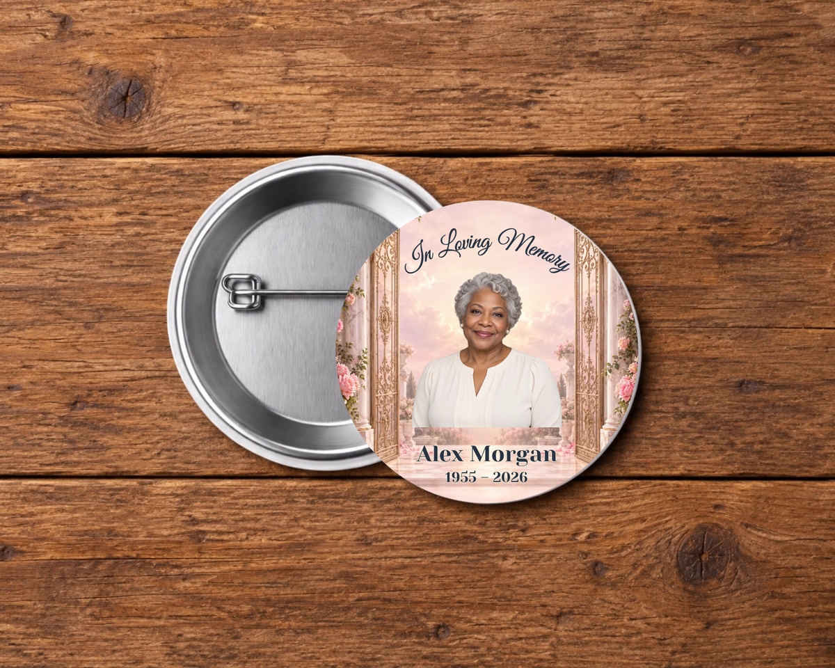 Personalized 2.25-inch memorial pin button, Design 111, with example portrait, name and dates